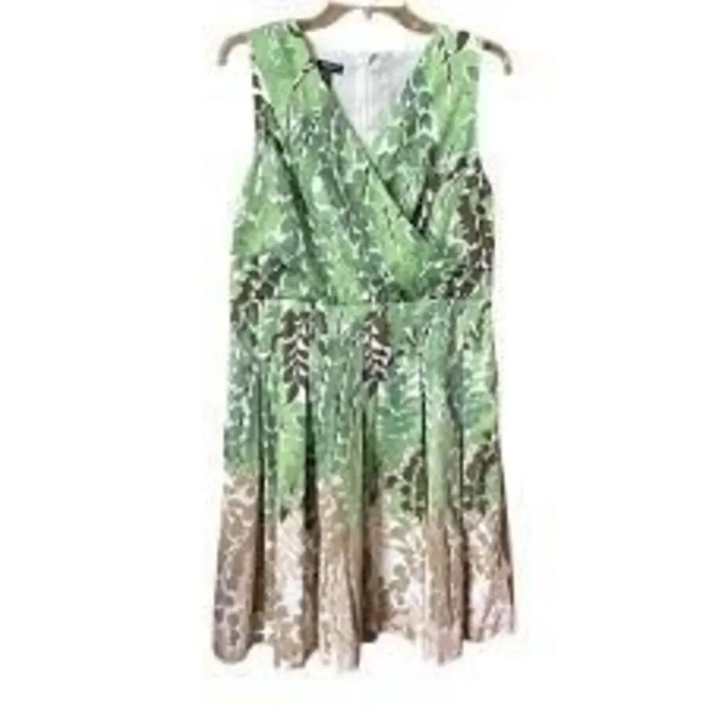 Talbots Size 6 Petite Faux Wrap Sleeveless A-Line Dress Green Ombre Leaf Print